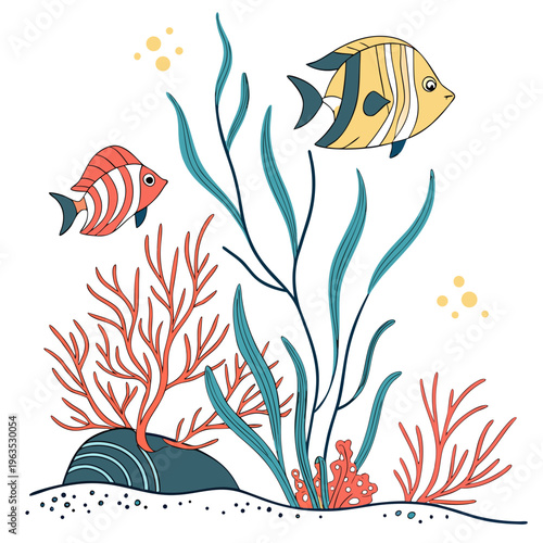 Coral reef underwater scene with tropical fish and seaweed vector illustration
