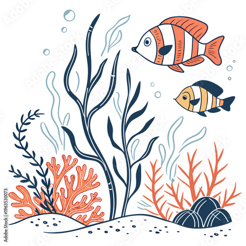 Underwater ocean scene with hand-drawn tropical fish, sea coral, and flowing aquatic plants on a white background. hand-drawn sea life illustration for aquatic and nature themes, ocean floor
