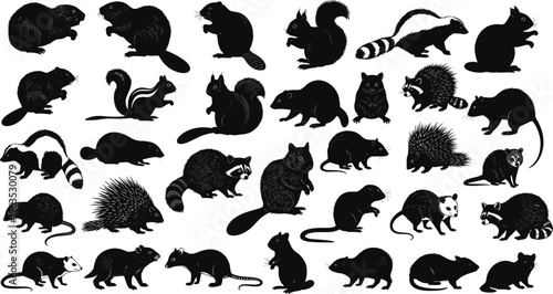 Large collection of black animal silhouettes featuring squirrels, raccoons, beavers, skunks, and rodents isolated on white background for wildlife nature design