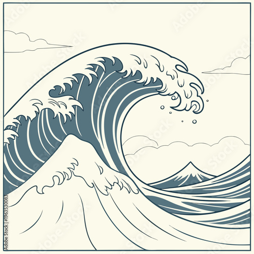 Large blue ocean wave illustration in japanese art style with a curling crest and mountain silhouette. decorative nautical wave graphic for maritime scenery and coastal nature themes