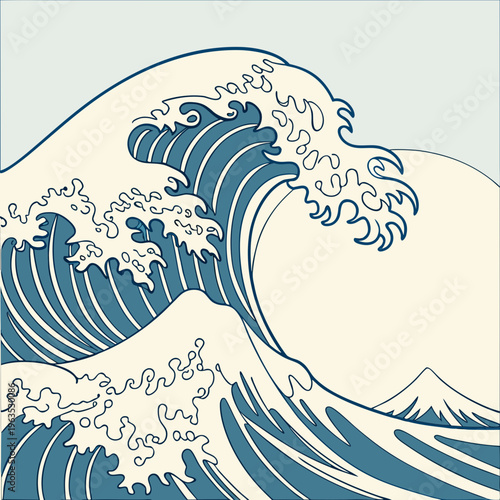 Traditional japanese style ocean wave illustration with a large crashing crest and mountain peak in the background. coastal sea wave graphic in navy blue and cream colors for nautical art