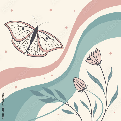 Abstract butterfly with flowers, flat illustration