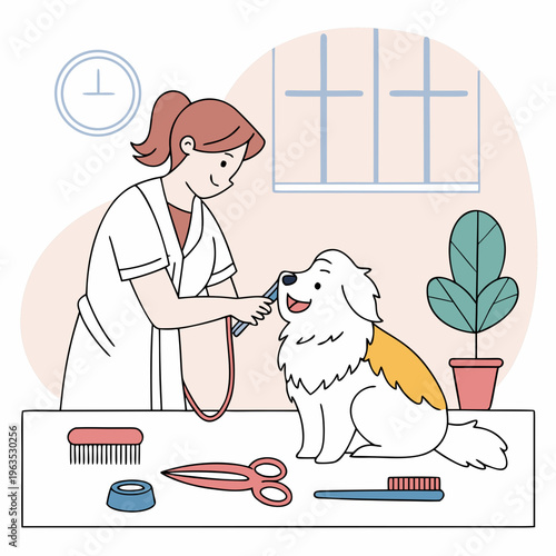 Professional dog groomer brushing fur of happy fluffy dog in pet salon setting