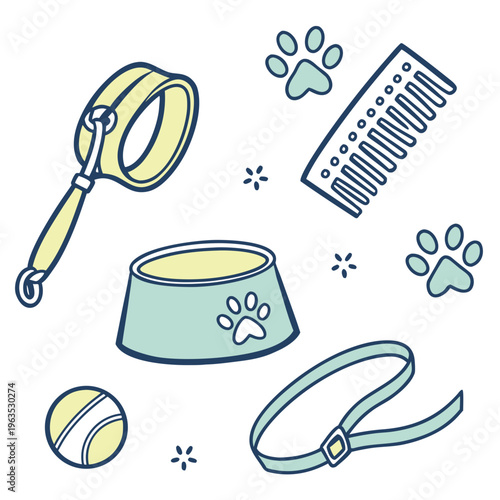 Collection of pet grooming and walking supplies including leash comb and ball