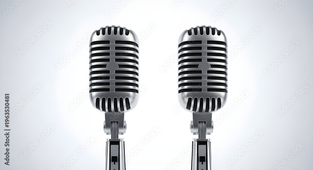 Fototapeta premium Two vintage microphones standing side by side on a white background