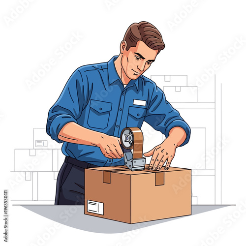 Man sealing a cardboard box with tape.