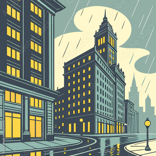 Rainy city street at night with glowing of tall skyscrapers and reflections on wet pavement in a retro comic book style urban landscape illustration with street lamp and stormy sky