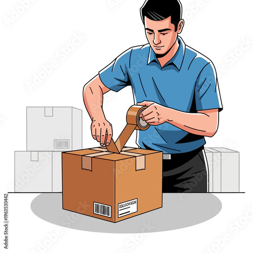 Man sealing a cardboard box with tape.