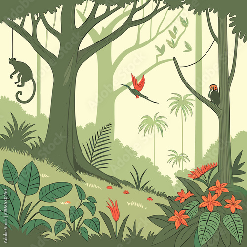 Lush tropical rainforest illustration with monkey hummingbird and exotic parrot perched on branch amidst dense jungle foliage palm trees and orange flowers in a hand drawn style