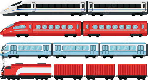 High speed train collection featuring modern passenger rail, subway and freight locomotive designs in colorful flat vector style isolated on white