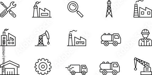Industrial icon set vector collection featuring factory tools oil rig truck worker gear and engineering symbols for construction manufacturing isolated on white background
