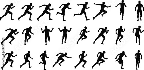 Large collection of black male runner silhouettes in various sprinting poses, jogging actions, and athletic movements isolated on white background