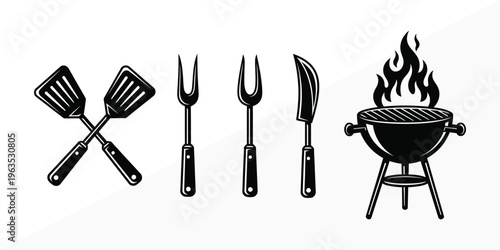 Black and white illustration of barbecue tools and grill