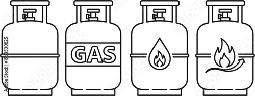 Four gas cylinders with different labels and symbols