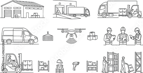 Warehouse logistics outline icon set featuring trucks forklift workers drone cargo boxes delivery van storage racks industrial line vector collection modern transport