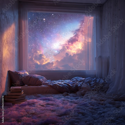 Child Bedroom with Galaxy Window and Soft Wool Floor Dreamcore Surreal Interior