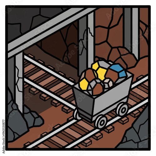 Mine cart filled with colorful minerals on railway tracks.