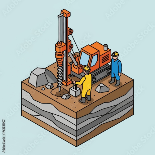 Construction workers operate drilling rig for geological survey.