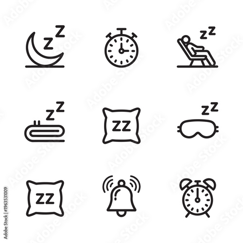 Sleep related icons depicting rest time and comfort elements