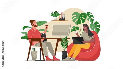 Animated remote work team meeting in a modern plant-filled office