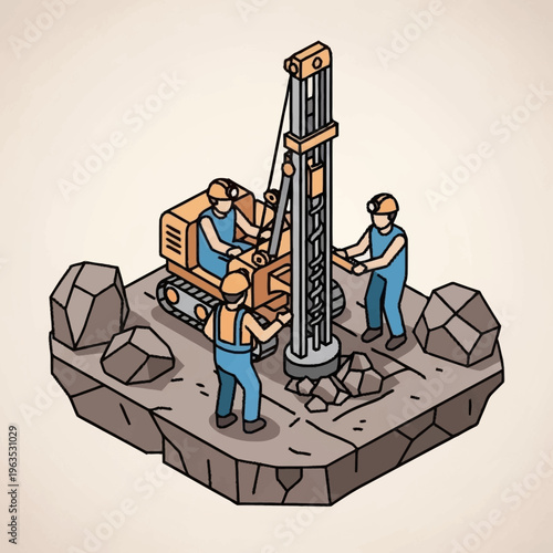 Construction workers operating drilling machine on rocky terrain.