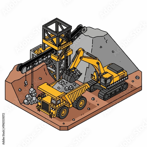 Heavy Machinery Excavating and Loading Minerals in Open Pit Mine.