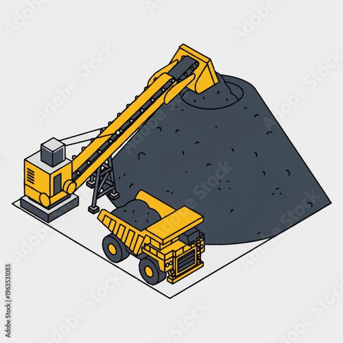 Industrial Mining Excavator Loading Coal into Dump Truck.