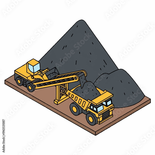 Yellow excavator loading coal into a dump truck.
