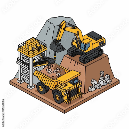 Heavy machinery excavating and loading minerals into a dump truck.