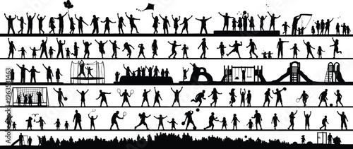 Large Collection of People Silhouettes Playing Sports, Children at Playground, Families Celebrating, and Crowds Engaged in Outdoor Summer Activities Together