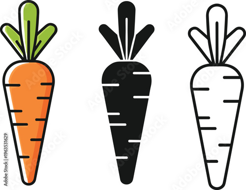 Carrot illustration set, realistic vegetable drawing, black silhouette design, outline vector artwork, minimal art collection, modern stylized food icon