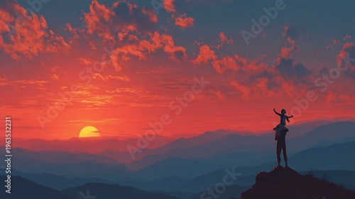 Silhouette of parent with child on shoulders against vibrant, red sunset