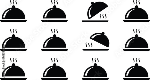 Restaurant cloche icons collection featuring hot food serving covers, catering dish symbols and meal presentation elements, solid black vector set for menu design