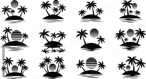 Large collection of tropical island silhouettes featuring palm trees and retro sunset icons isolated on white background for summer vacation design