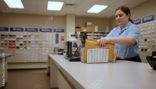 Woman sorting mail documents at desk in post office, mail organization process highlighting structured workflow, administrative control and professional postal service