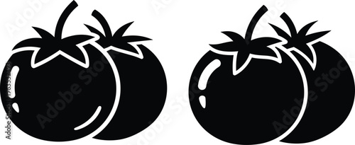 Minimalist tomato illustration set, black and white fruit silhouette, vector line art drawing, modern design collection, stylized vegetable artwork
