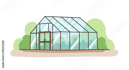 Greenhouse with Glass Panels and Door.