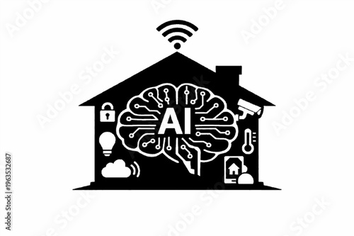 Smart Home Automation Concept with Artificial Intelligence Brain Icon Silhouette
