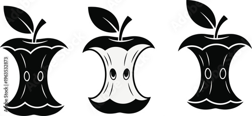 Apple core silhouette set, black and white fruit illustration, vector artwork design, minimal line art collection, modern stylized fruit drawing
