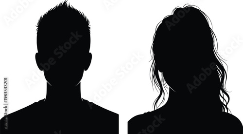 Male and female head profile silhouette set, anonymous man and woman avatar icons, person face portait vector illustration, isolated on white