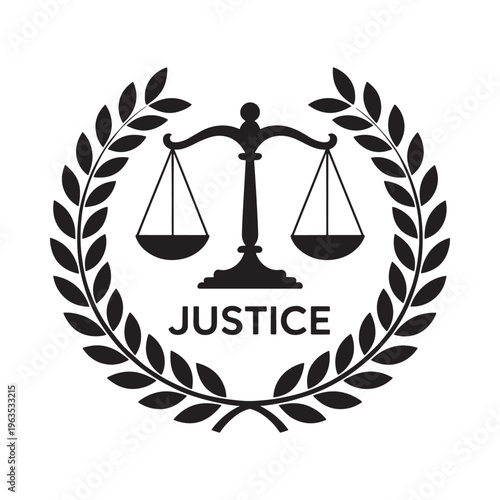 Black and white illustration of scales of justice framed by a laurel wreath