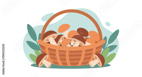 Basket Full of Mushrooms Illustration.