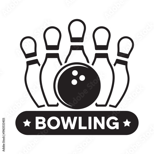 A black and white illustration depicting bowling pins and a bowling ball