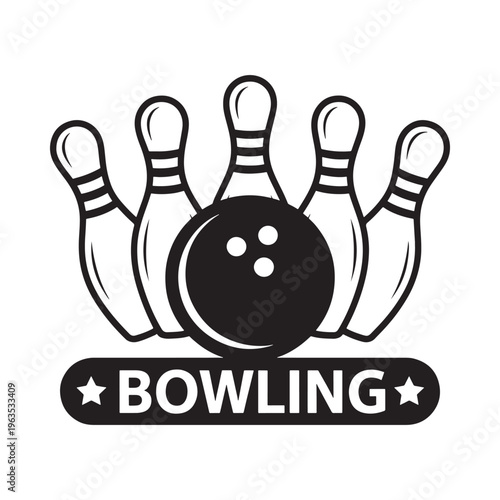 Black and white illustration of bowling pins and a bowling ball