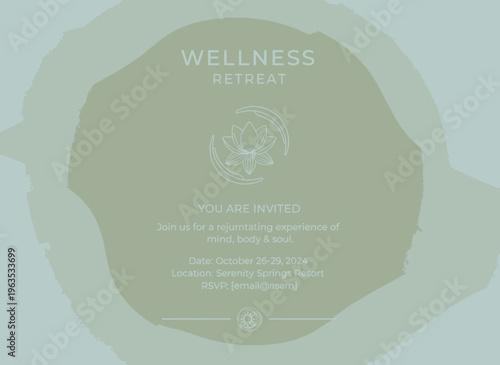 A serene wellness retreat invitation with meditation logo and text on a leafy background