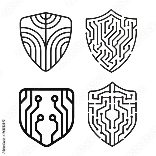 Simple shield and crossed swords icon set symbolizing protection security and medieval emblem design in gold and silver style