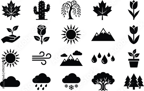 Nature and Environment Icon Set with Trees, Leaves, Sun, Clouds, Rain, Wind, Mountains, and Plants for Ecology and Weather Vector Collection