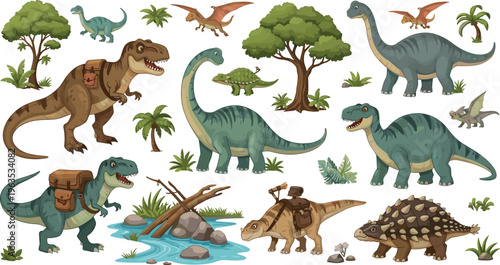 Dinosaur Collection with T-Rex, Brontosaurus, Pterodactyls, and Prehistoric Jungle Animals for Adventure Illustration on White Background