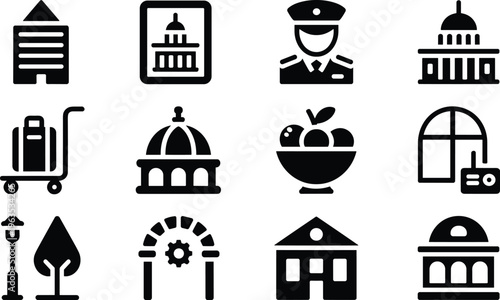 Tablou pe pânză Urban and public service icons set featuring buildings, police, transport, food,