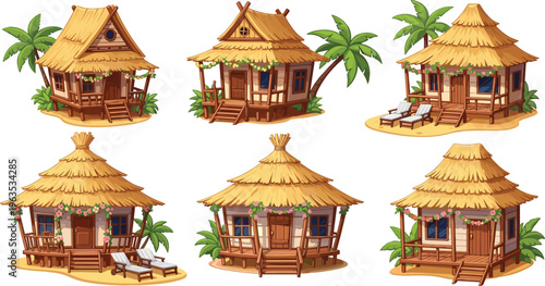Tropical Beach Hut Collection with Thatched Roofs and Palm Trees, Seaside Cottage Design for Resort and Vacation Illustration
